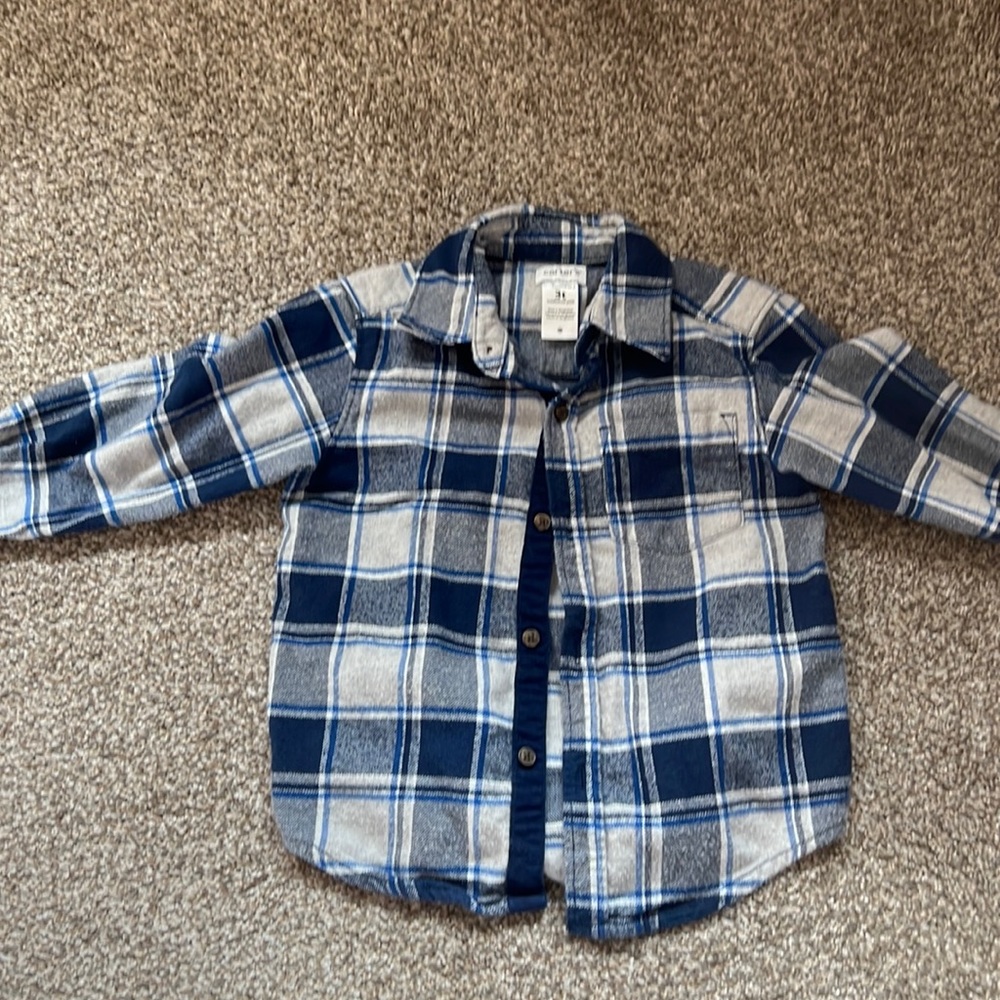Blue and gray button up flannel shirt